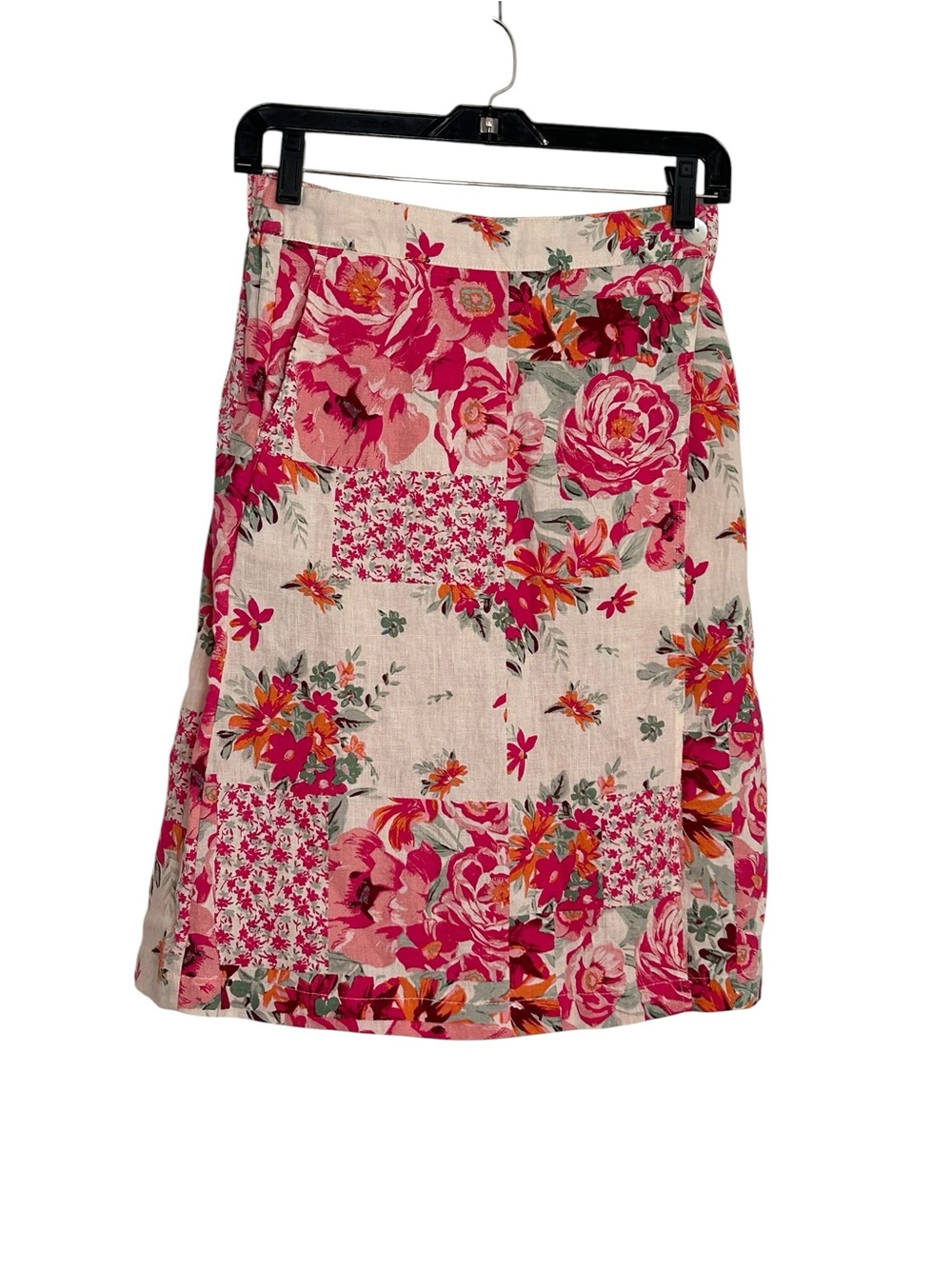 Haute Hippie 100% Linen Floral Patchwork A-Line Skirt Pockets Elastic Back Size